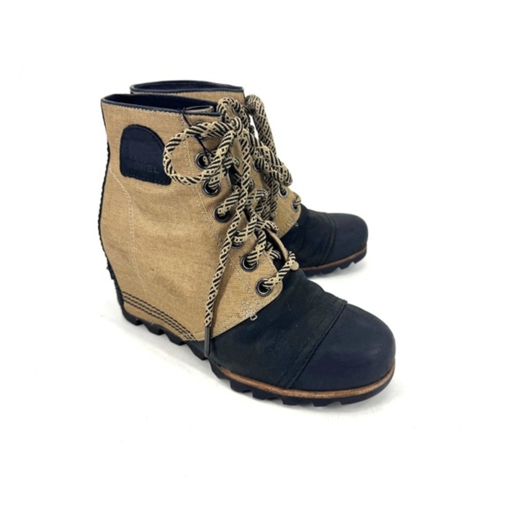 Sorel Joan of Arctic‎ Wedge II Boots Black Tan Canvas Leather Ankle NL2796-012 8